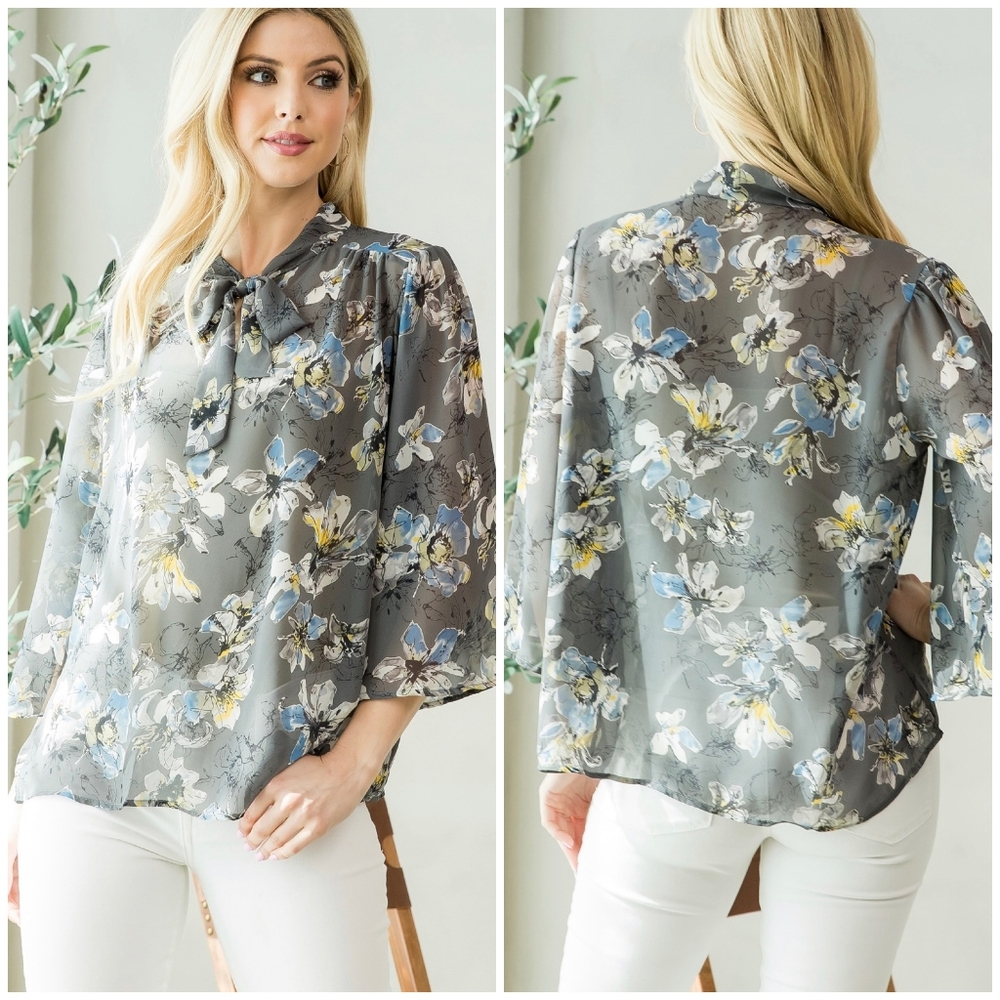 LAST 1 ! MITTOSHOP Semi Sheer Neck Bow Tie Top - Picture 2 of 8